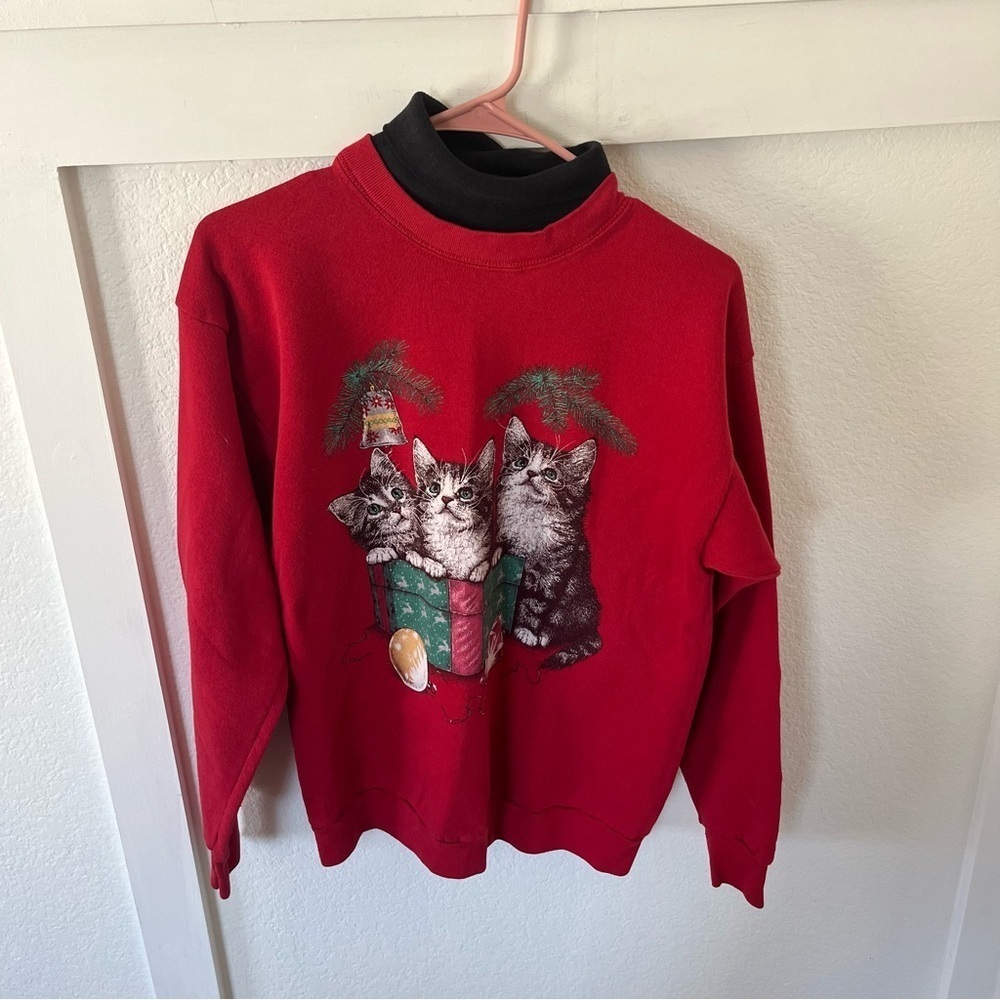 Vintage Cotton Grove Christmas Cat Women's Medium Turtleneck Sweatshirt.